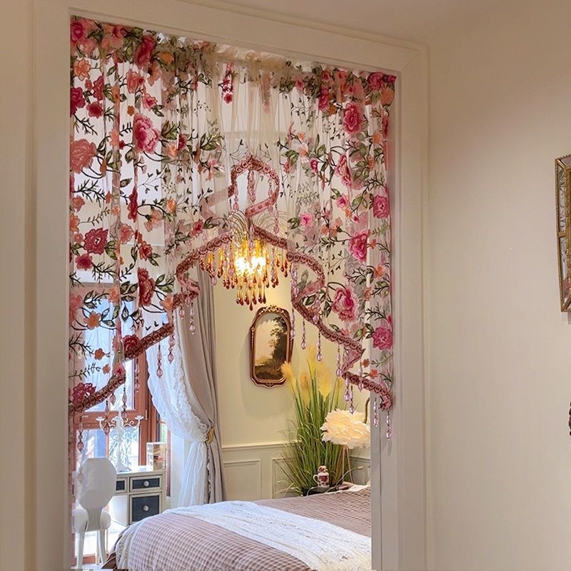 Embroidered Beaded Door Curtain, Boho Floral Hanging Drapery Home Decor