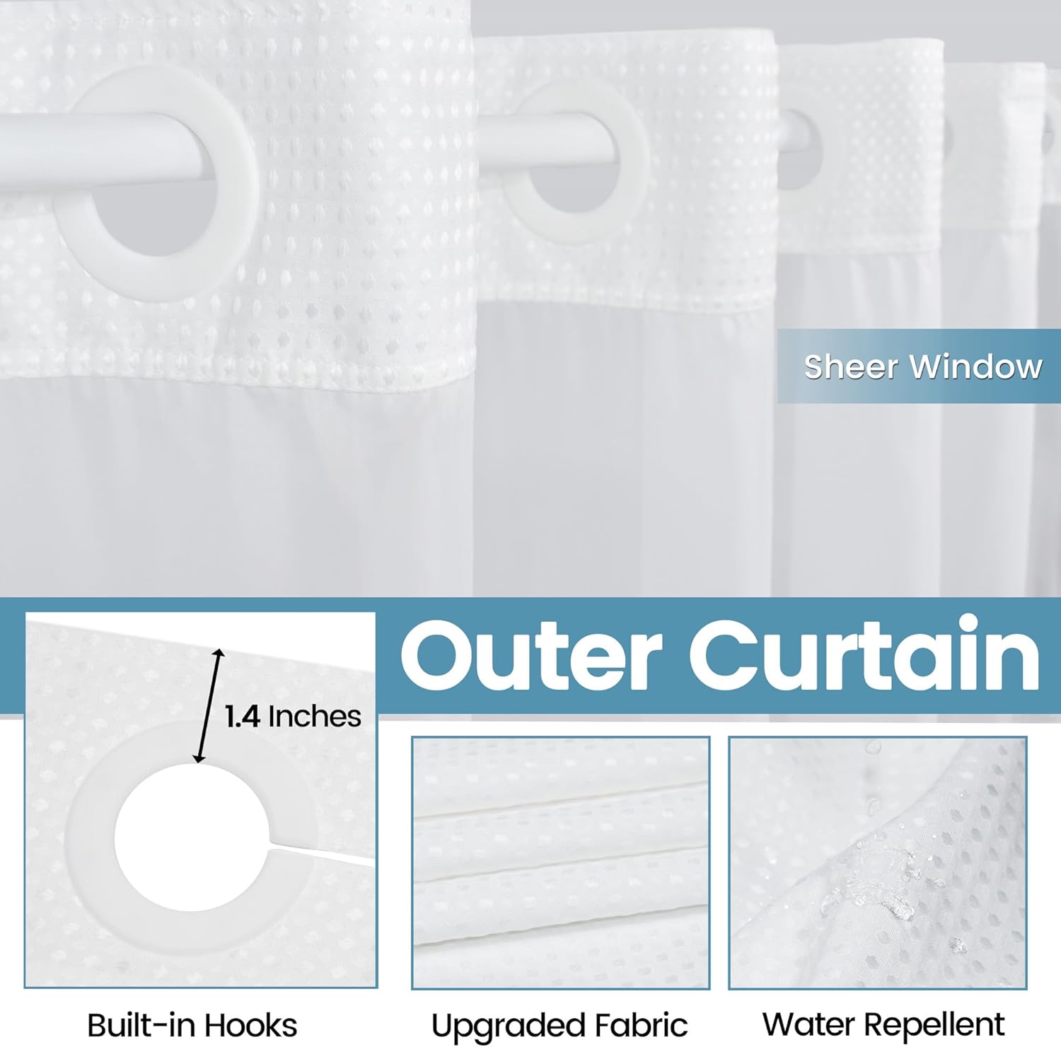 🔥🚿Waterproof and mildew-resistant No Hook Shower Curtain with Snap in Liner