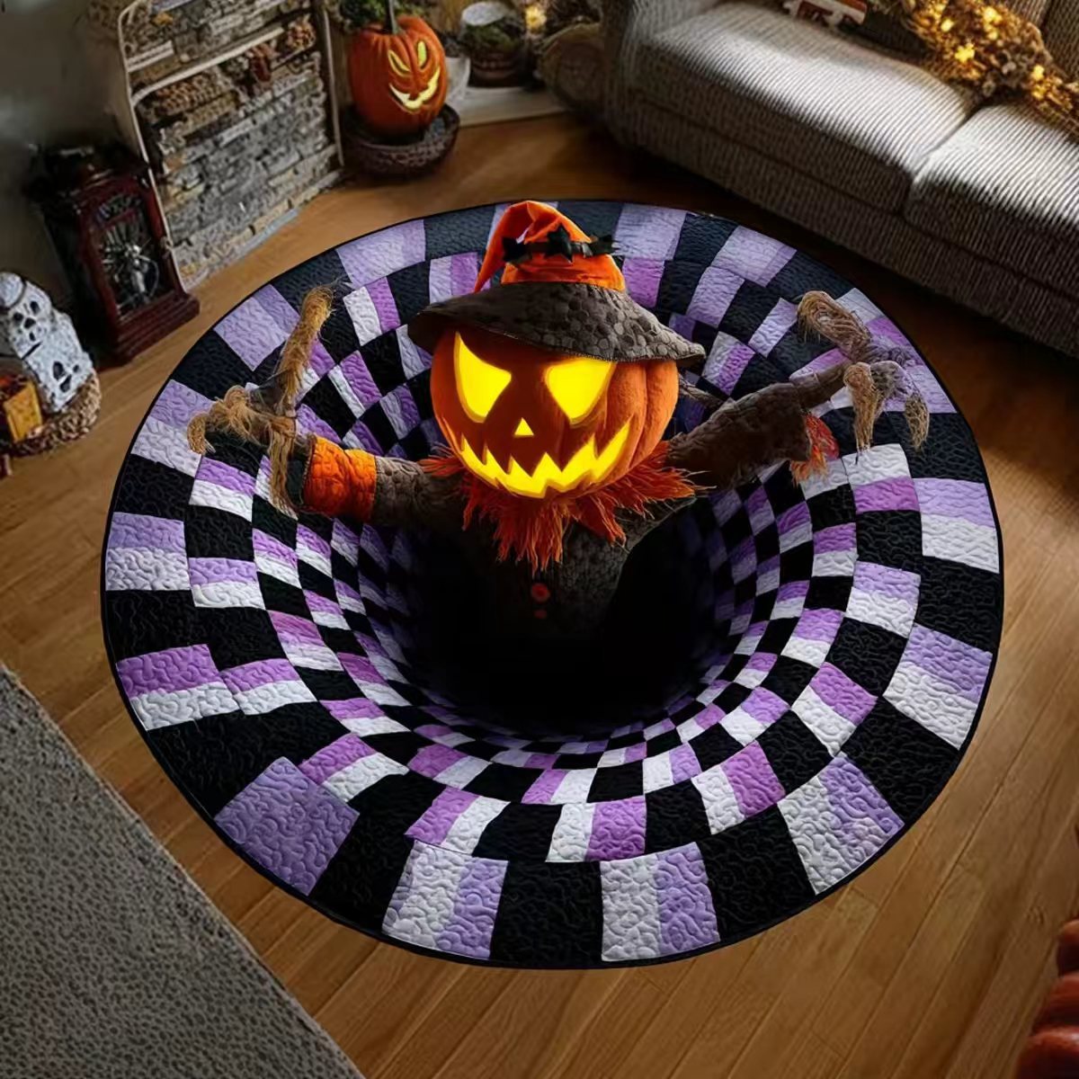 🎃3D Skeleton Vortex Quilted Round Halloween Rug