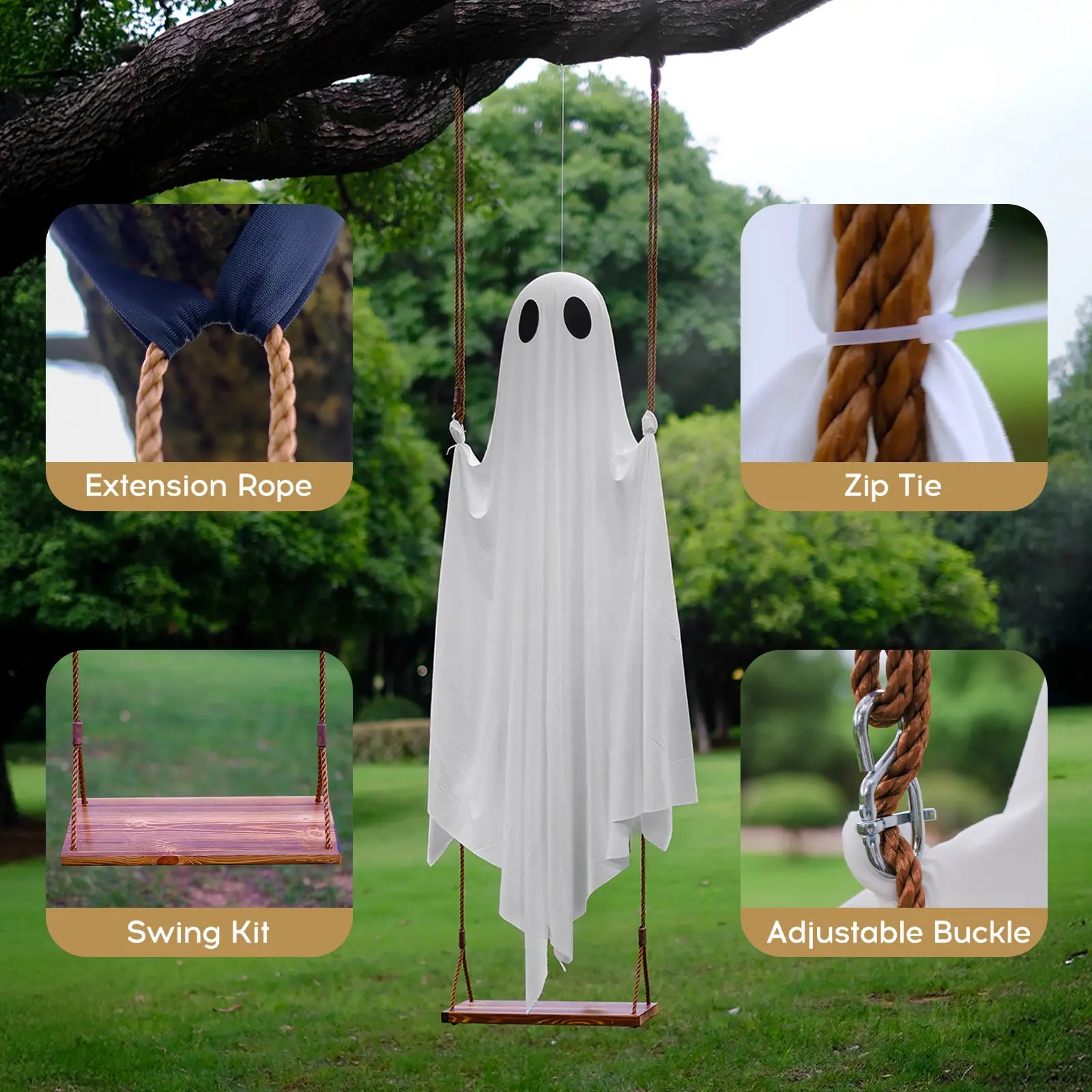 5FT Giant Lighted Halloween Ghost Swing – Create A Spooky Yard Scene | Free Shipping