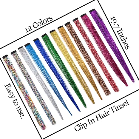 19.7 Inch Clip In Hair Fairy Tinsel Kit Clips Clip On Glitter Hair Tinsel Extensions 10 Colors