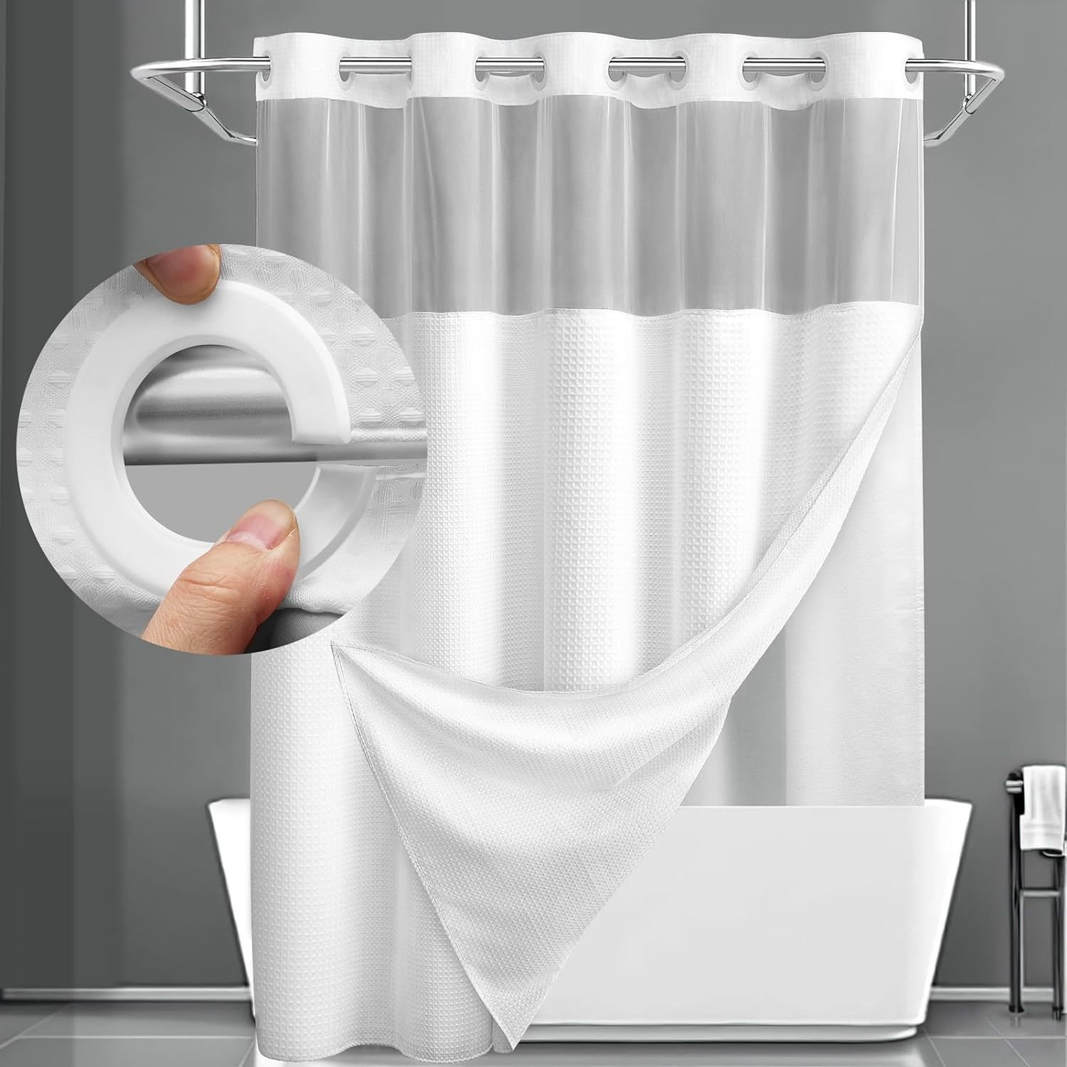 🔥🚿Waterproof and mildew-resistant No Hook Shower Curtain with Snap in Liner