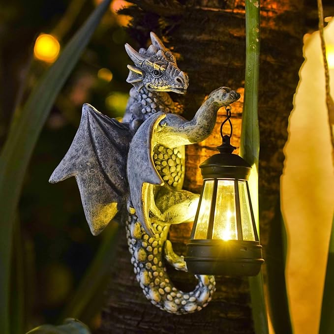 Dragon Tree Hugger with Solar Lanten | Fall and Winter Garden Decor | Holiday Gifts