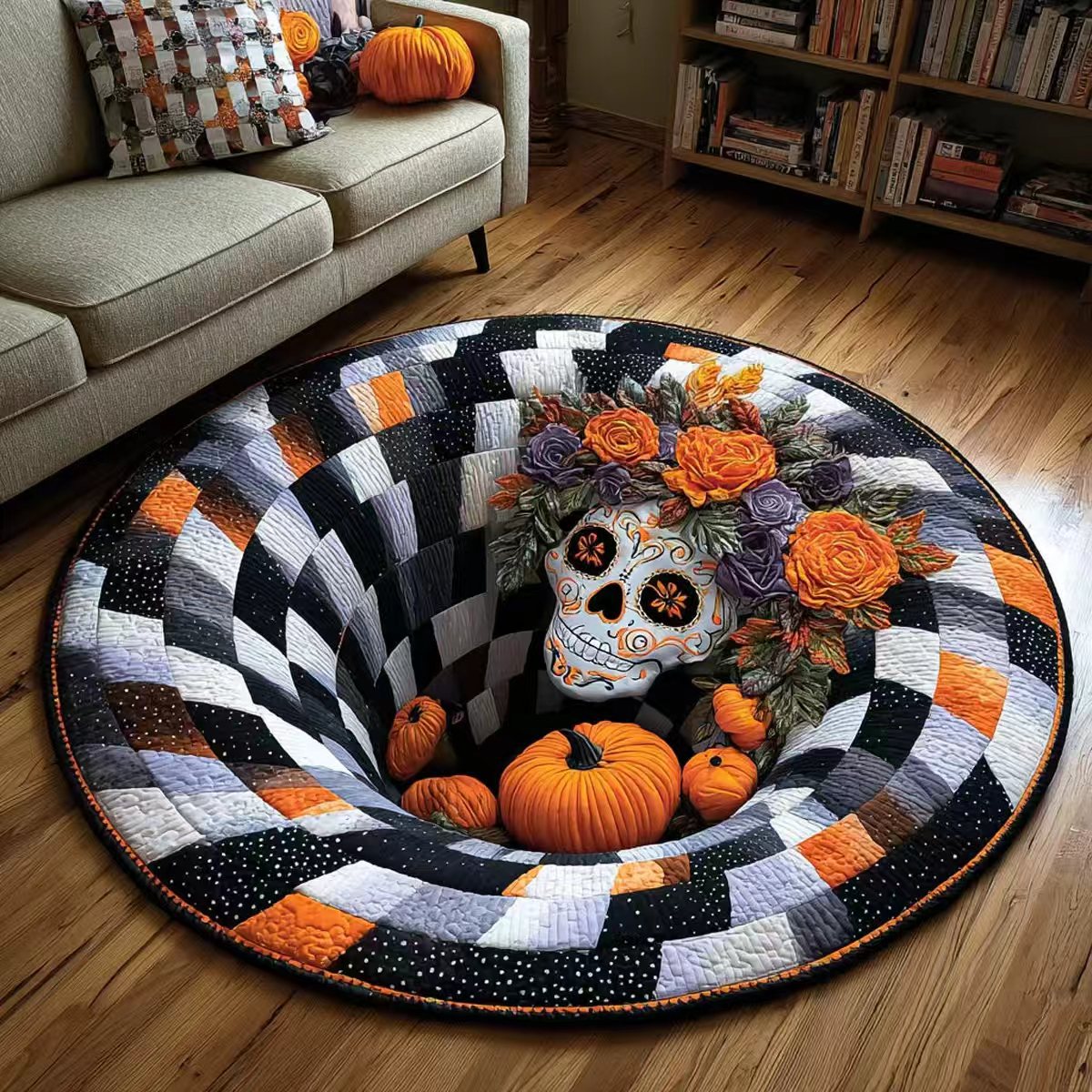 🎃3D Skeleton Vortex Quilted Round Halloween Rug🎃