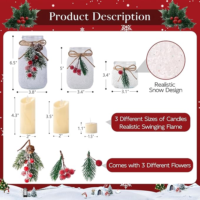 3 Mason Jars with Flameless Christmas Candles, Flowers | Christmas Table Centerpieces | Christmas Gifts
