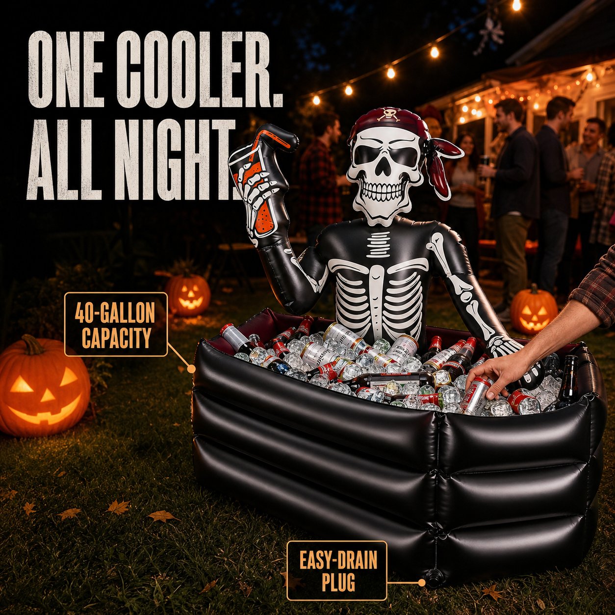 Pirate skeleton cooler serving a backyard Halloween party