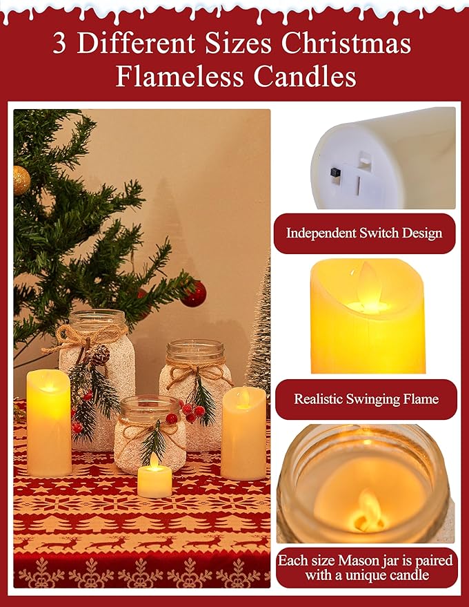 3 Mason Jars with Flameless Christmas Candles, Flowers | Christmas Table Centerpieces | Christmas Gifts