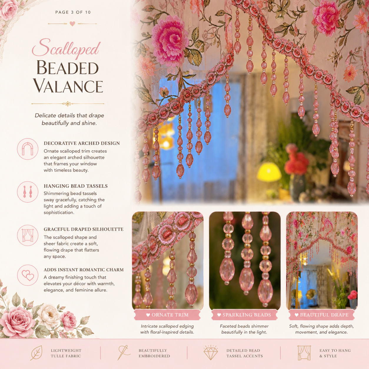 Embroidered Beaded Door Curtain, Boho Floral Hanging Drapery Home Decor