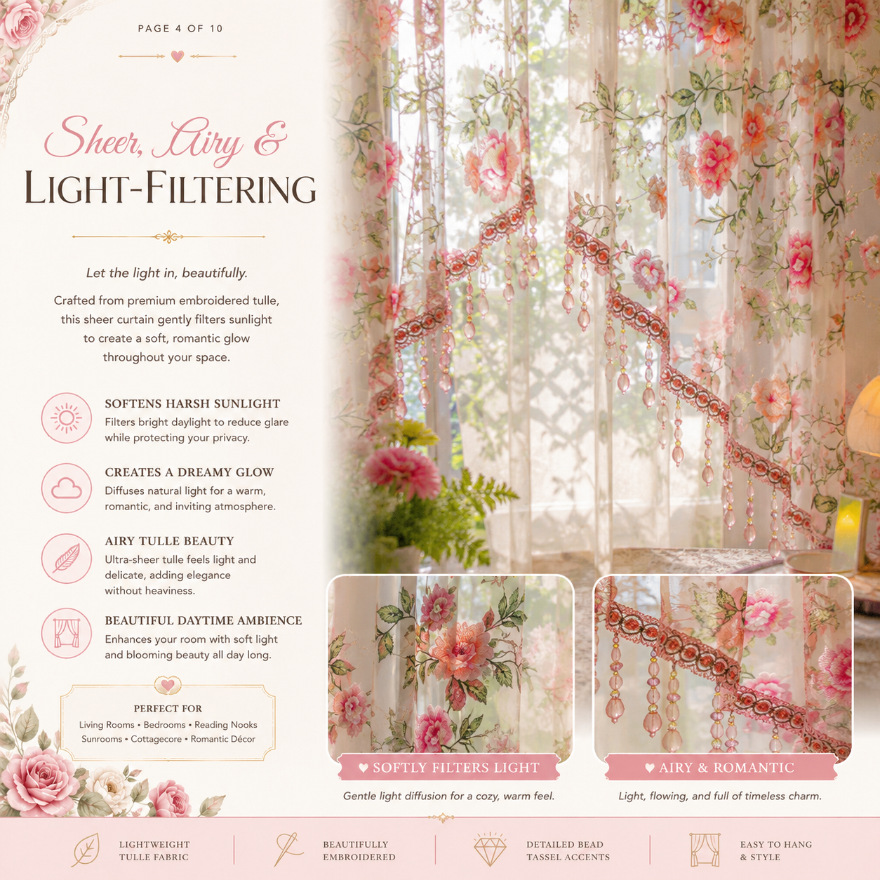 🔥❤Embroidered Beaded Door Curtain, Boho Floral Hanging Drapery Home Decor💯