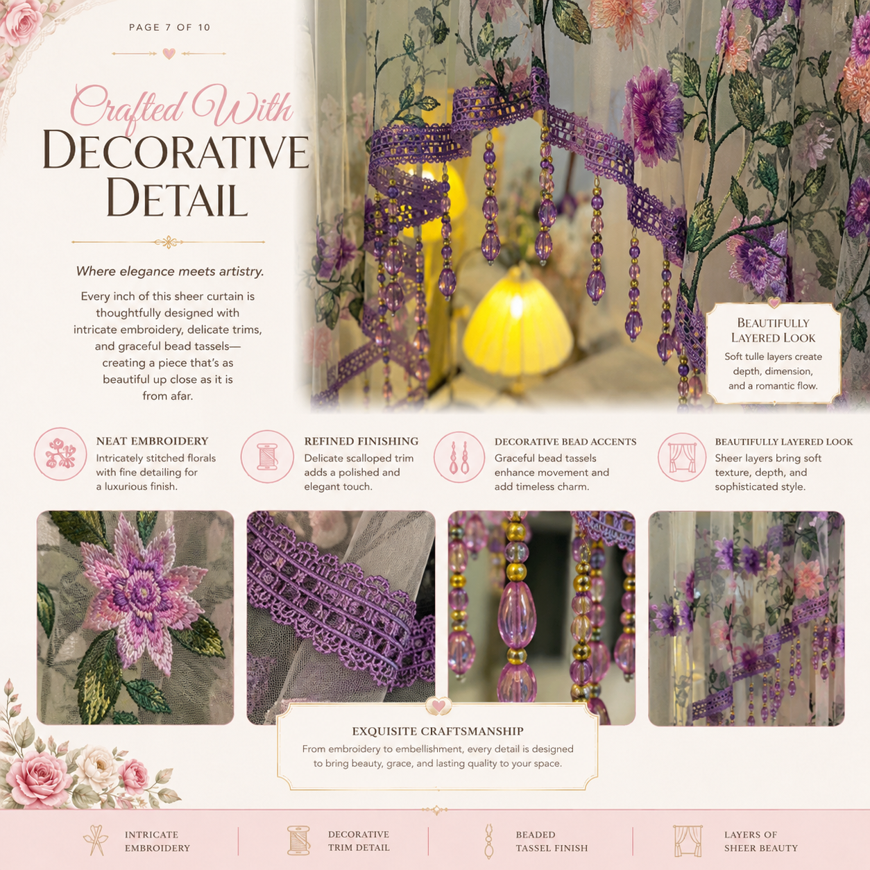 Embroidered Beaded Door Curtain, Boho Floral Hanging Drapery Home Decor