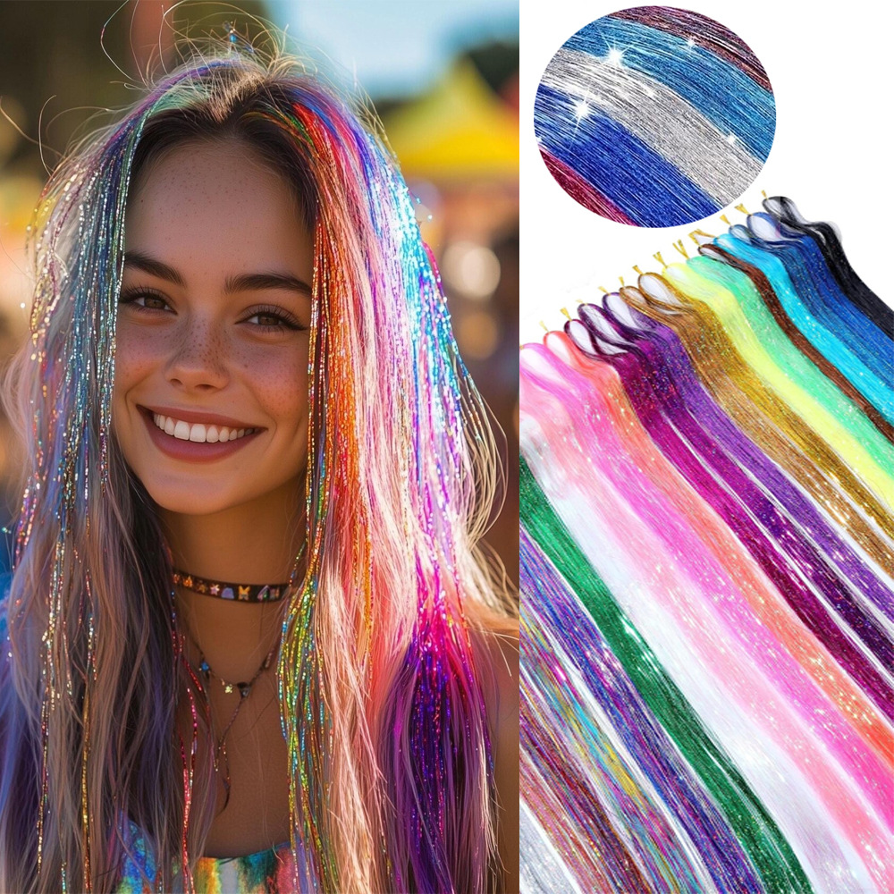19.7 Inch Clip In Hair Fairy Tinsel Kit Clips Clip On Glitter Hair Tinsel Extensions 9 Colors