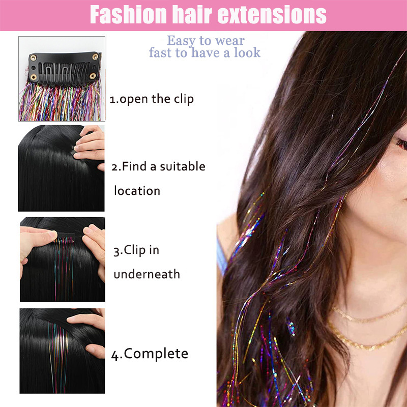 🔥 19.7 Inch Clip In Hair Fairy Tinsel Kit Clips Clip On Glitter Hair Tinsel Extensions 9 Colors