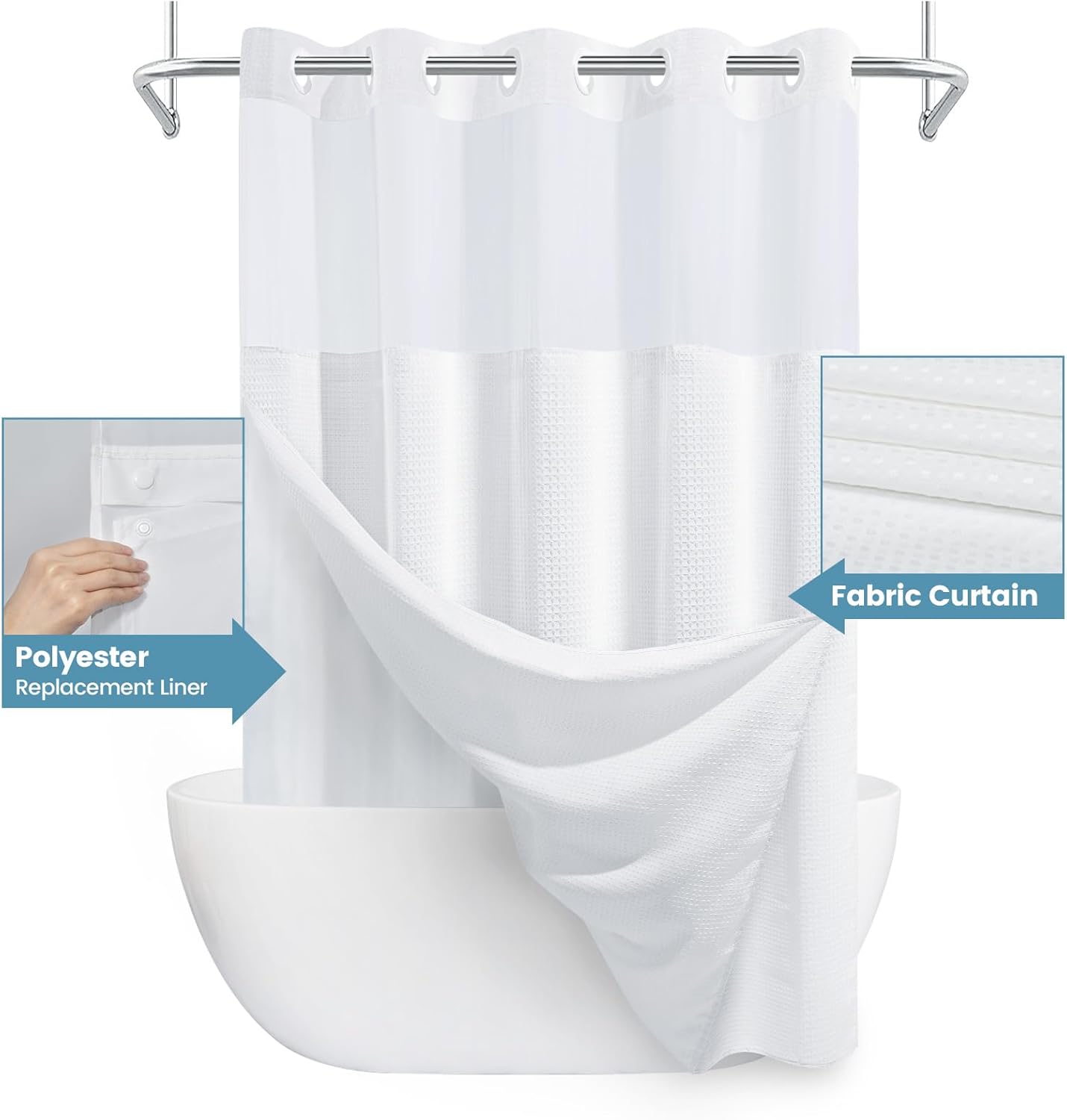 🔥🚿Waterproof and mildew-resistant No Hook Shower Curtain with Snap in Liner