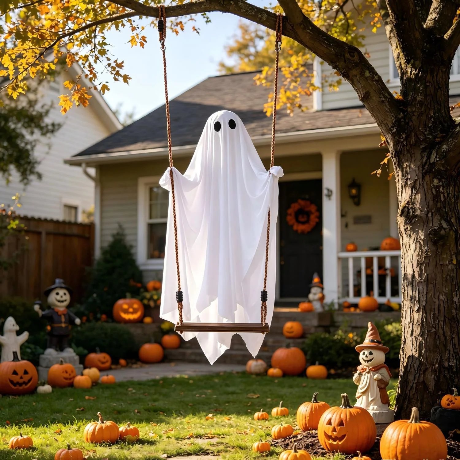Healthloop 5FT Hanging Ghost Halloween Decor, Light-Up Outdoor Ghost with Remote & Timer for Porch Yard