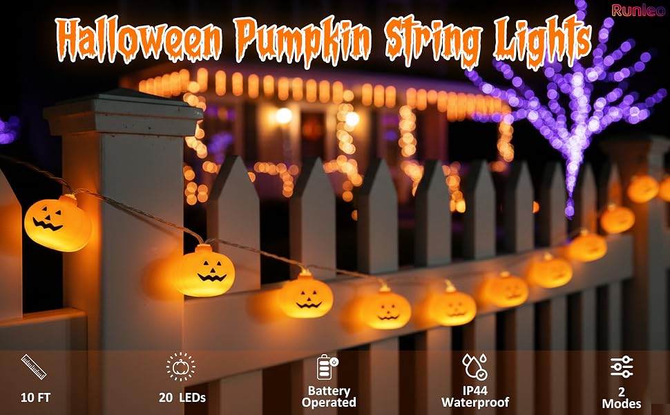 Halloween pumpkin string lights battery operated 10 ft 20 LED waterproof 2 modes