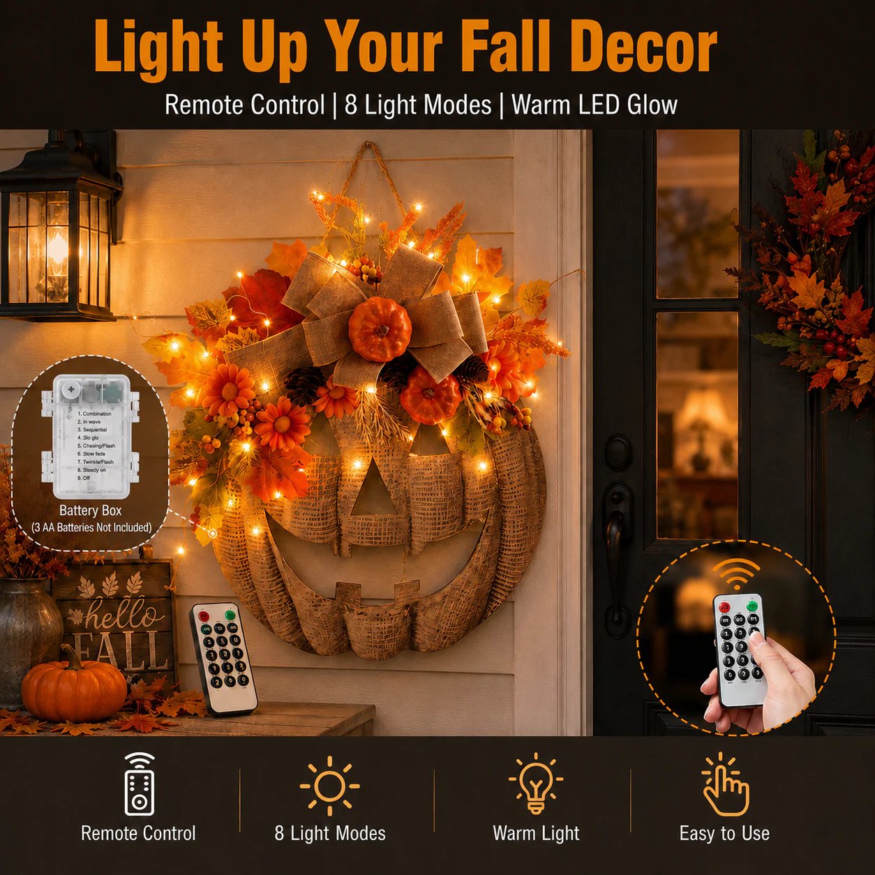 ✨ Lighted Burlap Pumpkin Wreath 🎃For Halloween and Christmas