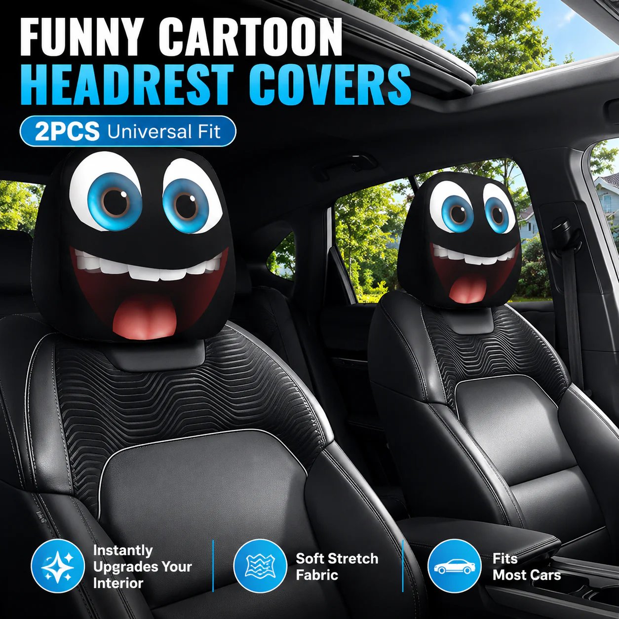 🎃Halloween Funny Cartoon Car Headrest Covers – 2PCS Universal Fit 🚗