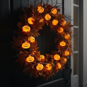 halloween pumpkin string lights on door wreath battery operated waterproof decor
