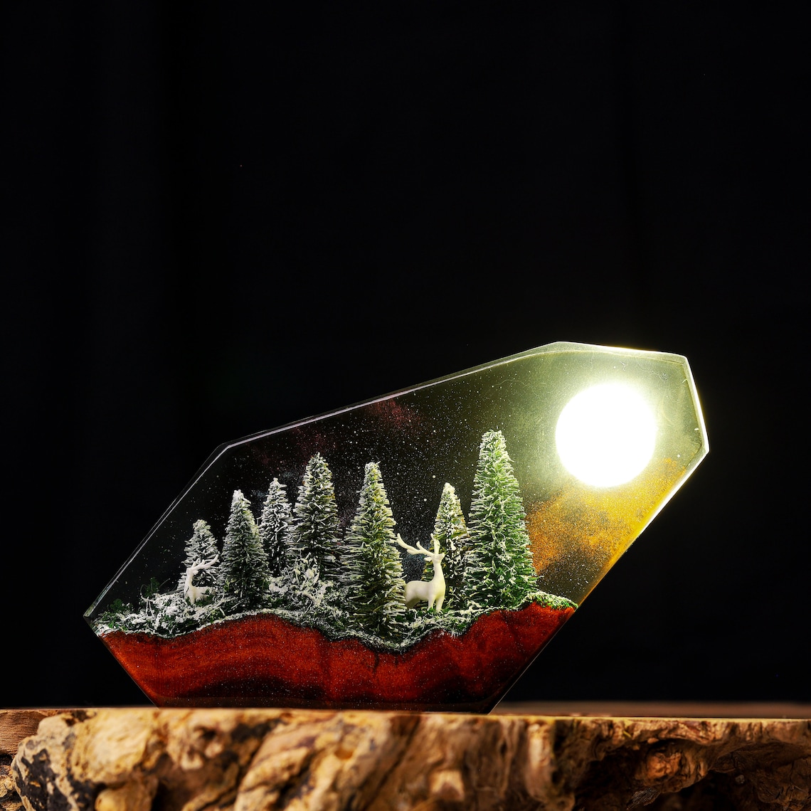Winter snowy forest with walking deer epoxy lights | Winter home decor | Handmade resin art