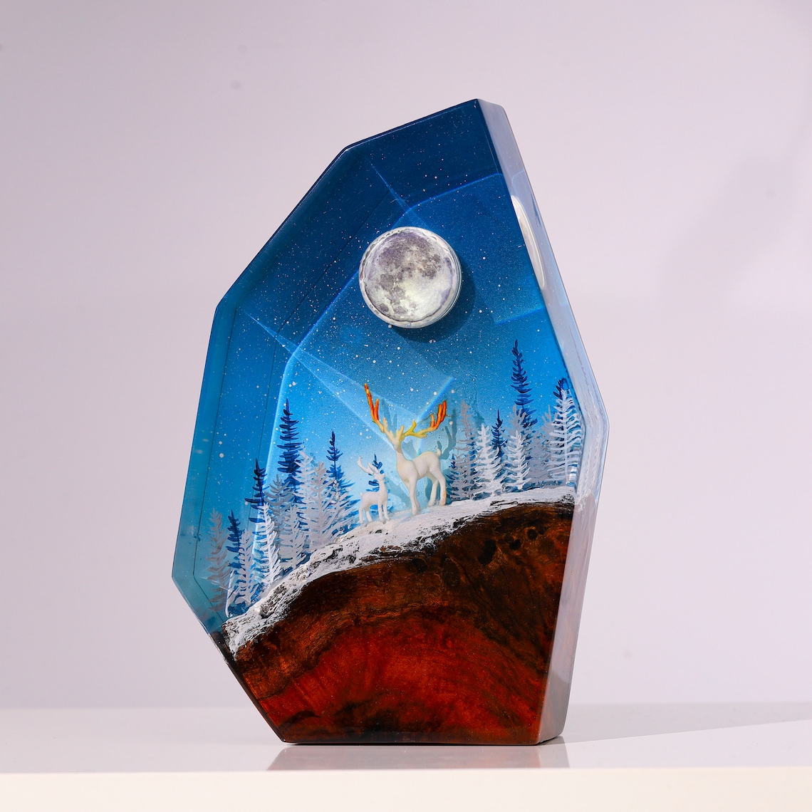 Winter snowy forest with walking deer epoxy lights | Winter home decor | Handmade resin art