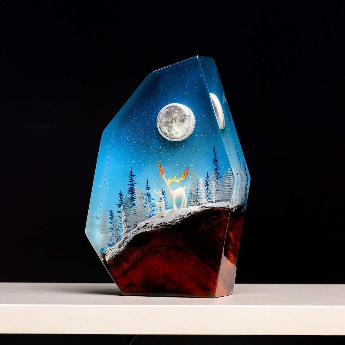 Winter snowy forest with walking deer epoxy lights | Winter home decor | Handmade resin art