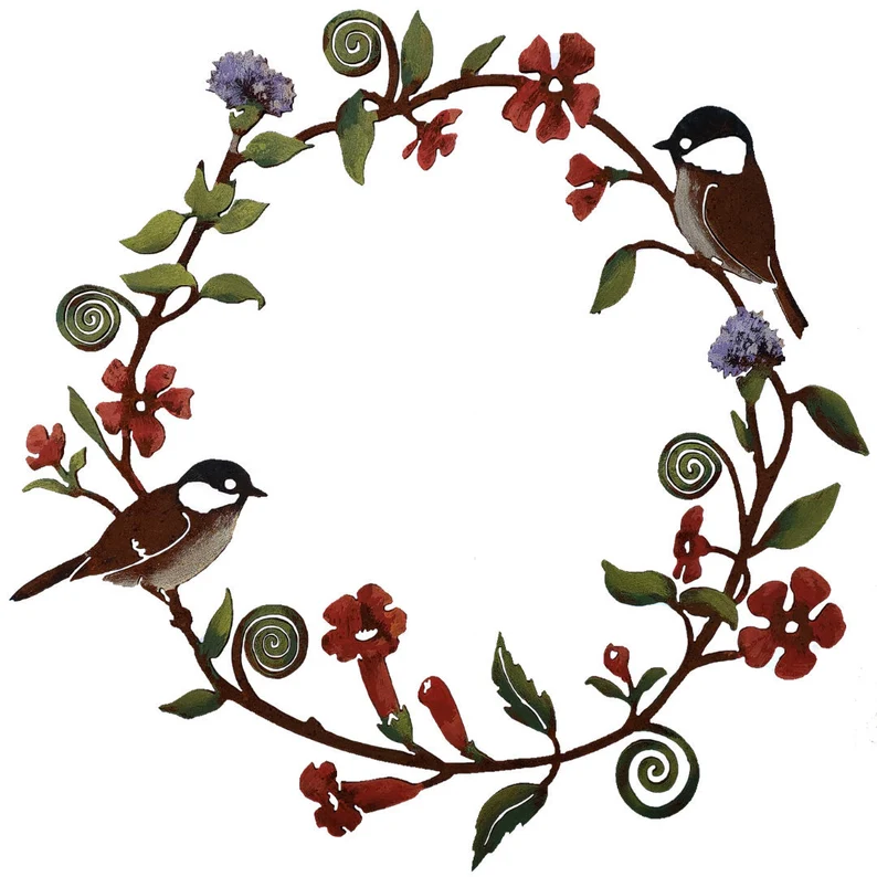 Chickadees & Flowers Wreath Wall Art | Hand Painted