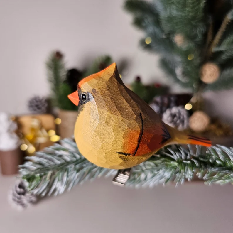 Charming Handcrafted Clip-On Christmas Tree Bird Ornament | Woodcarving Art | Hand Painted Art