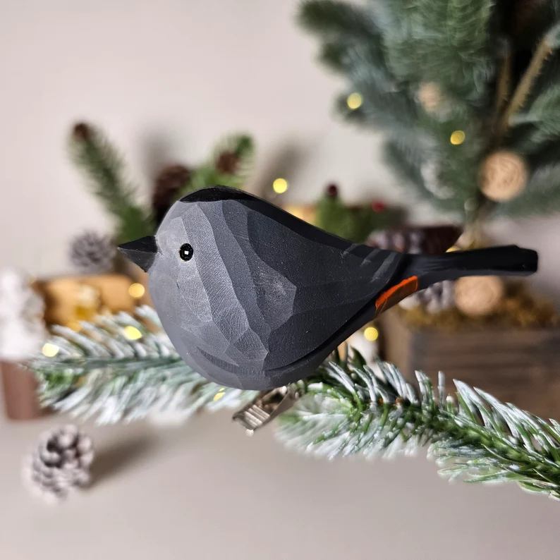 Charming Handcrafted Clip-On Christmas Tree Bird Ornament | Woodcarving Art | Hand Painted Art
