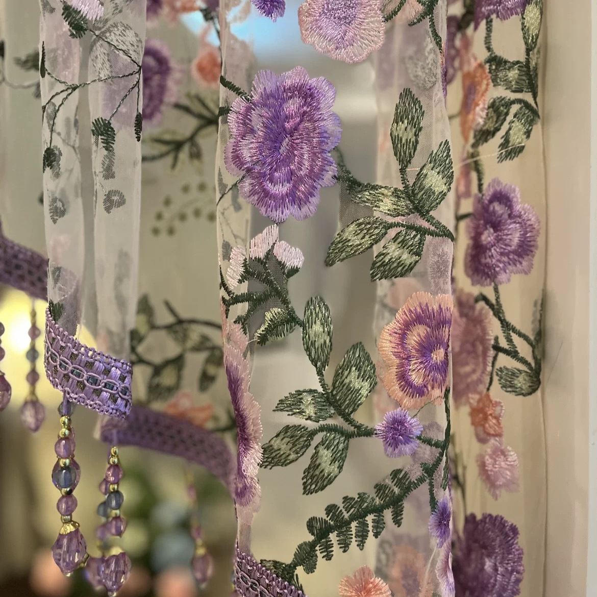 Embroidered Beaded Door Curtain, Boho Floral Hanging Drapery Home Decor