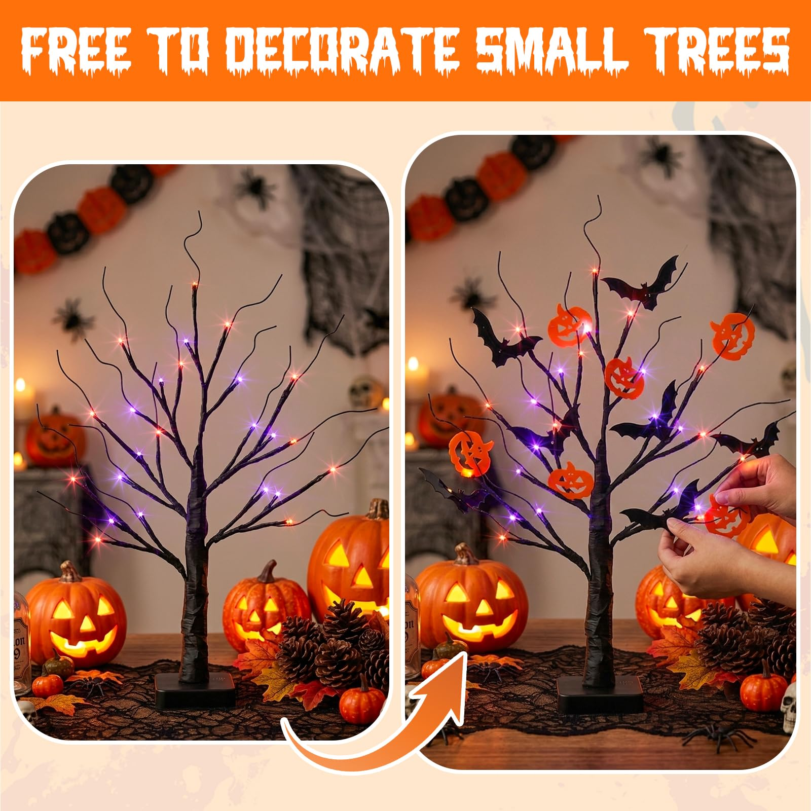 Lighted Black Halloween Spooky Tree, 22 Inch Table Centerpiece with Timer, Orange Purple Lights for Indoor Home Decor