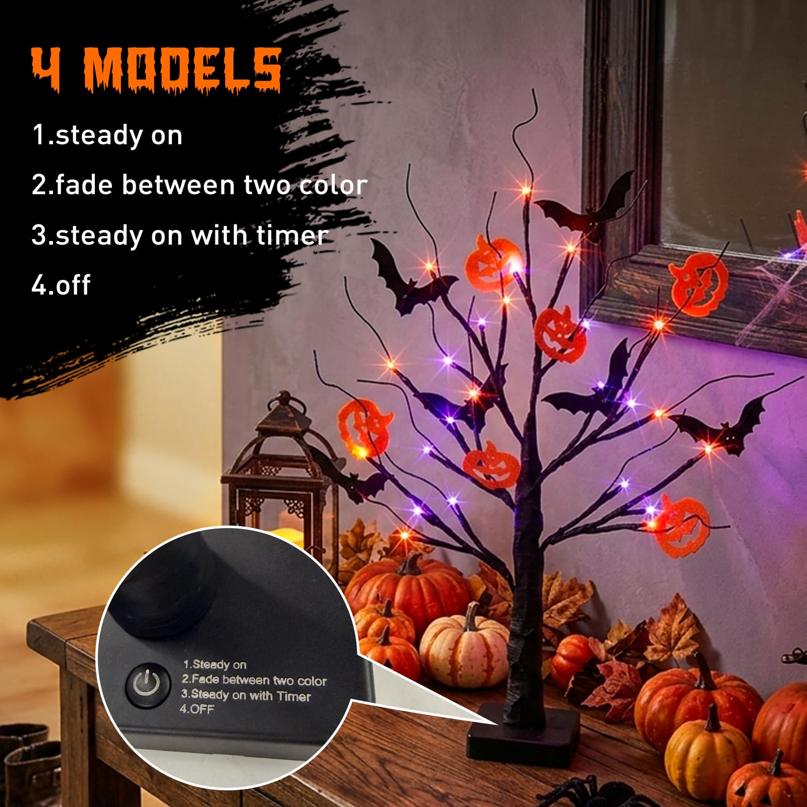 Lighted Black Halloween Spooky Tree, 22 Inch Table Centerpiece with Timer, Orange Purple Lights for Indoor Home Decor