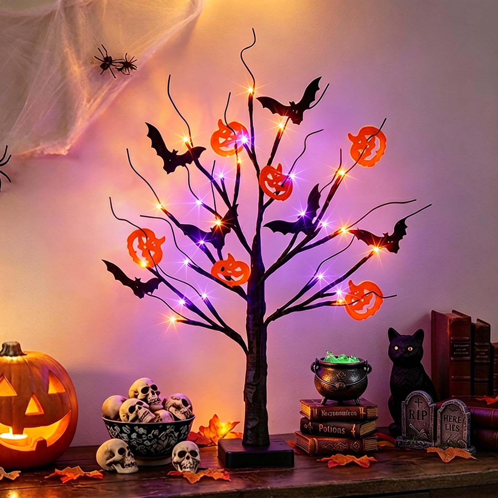 Lighted Black Halloween Spooky Tree, 22 Inch Table Centerpiece with Timer, Orange Purple Lights for Indoor Home Decor