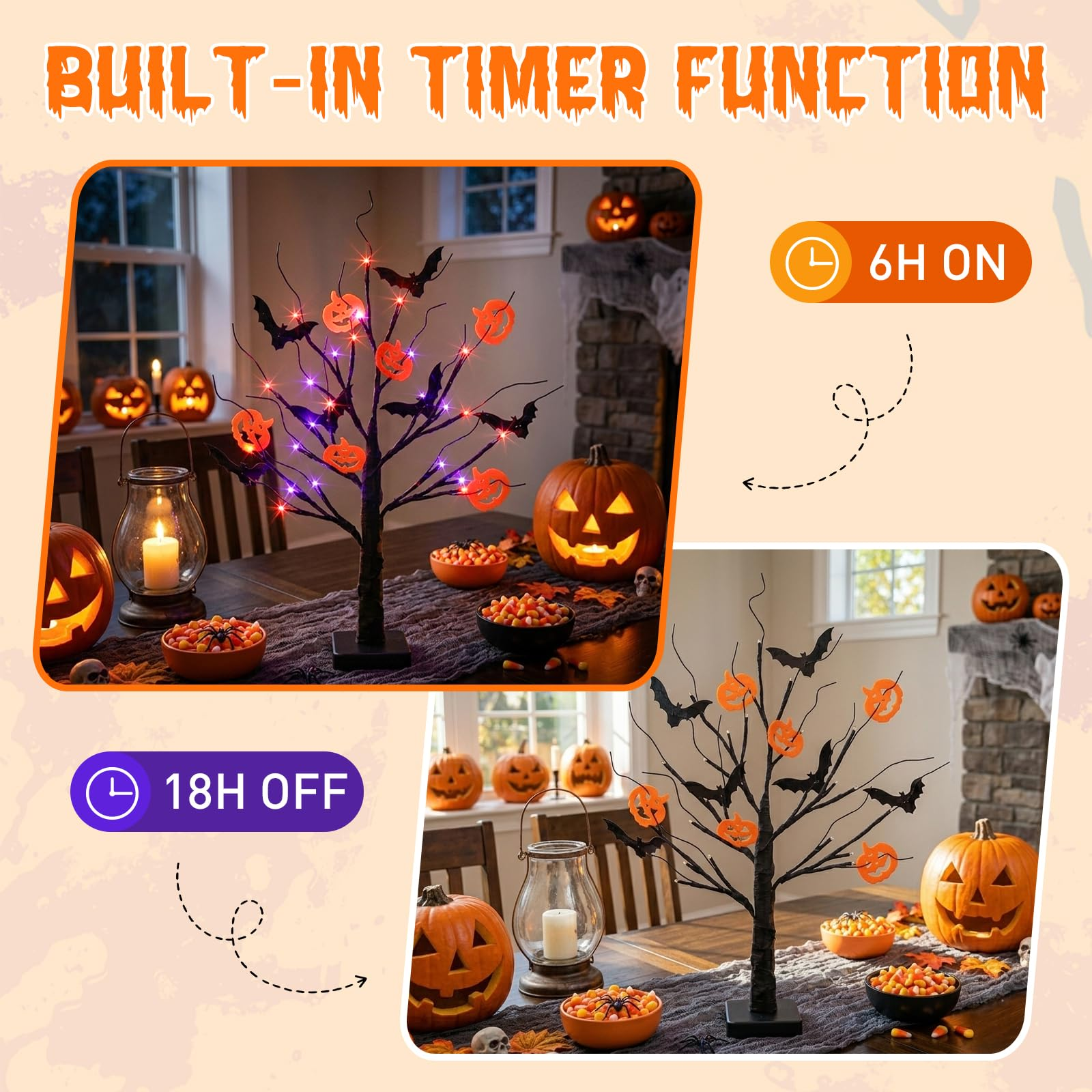 Lighted Black Halloween Spooky Tree, 22 Inch Table Centerpiece with Timer, Orange Purple Lights for Indoor Home Decor