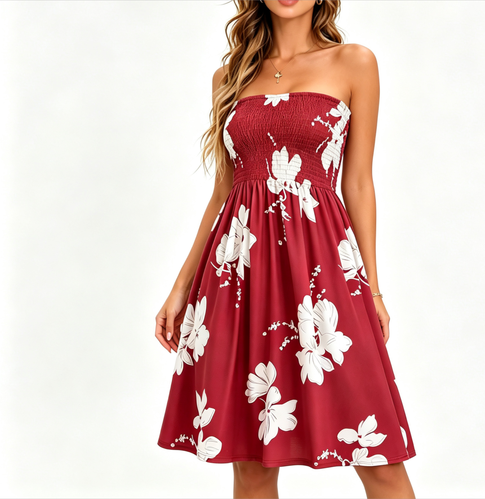 Strapless Boho Floral Summer Dress, S-2XL High Waist A-Line Knee Length Backless Beach Cover Up Sundress for Women
