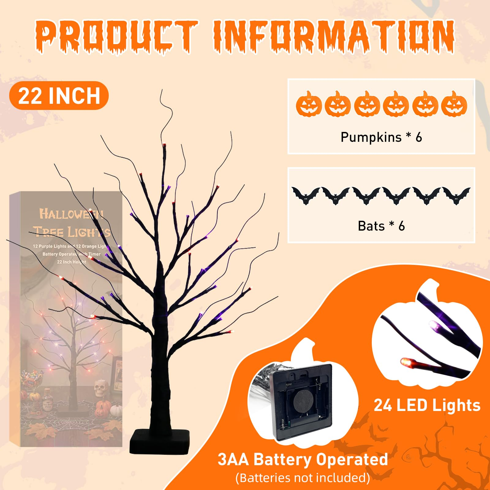 Lighted Black Halloween Spooky Tree, 22 Inch Table Centerpiece with Timer, Orange Purple Lights for Indoor Home Decor