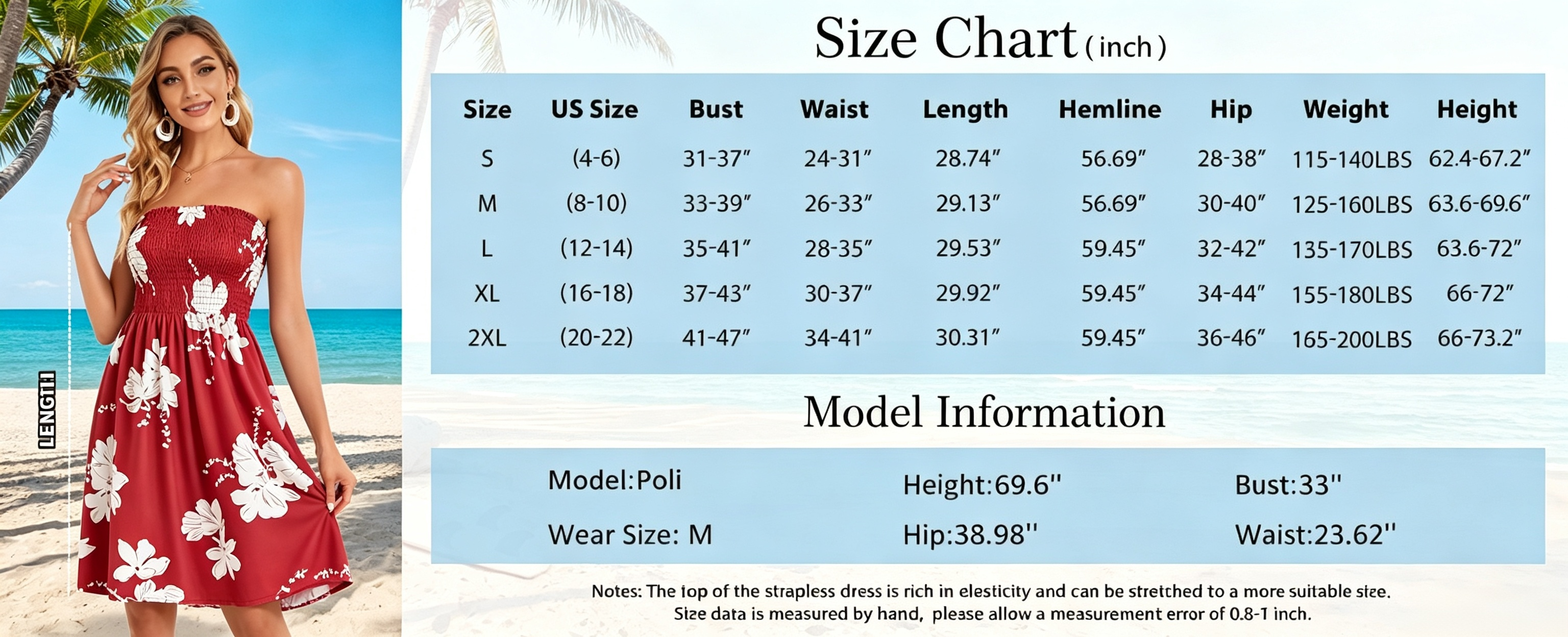 Strapless Boho Floral Summer Dress, S-2XL High Waist A-Line Knee Length Backless Beach Cover Up Sundress for Women