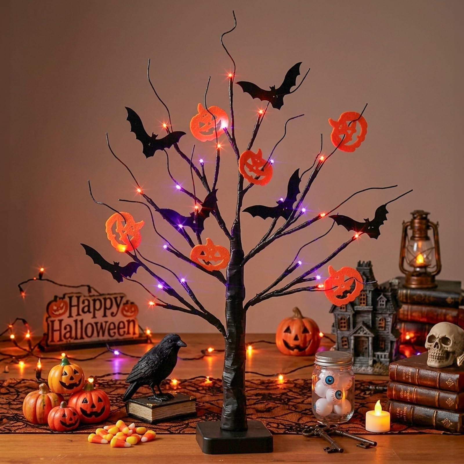 Lighted Black Halloween Spooky Tree, 22 Inch Table Centerpiece with Timer, Orange Purple Lights for Indoor Home Decor