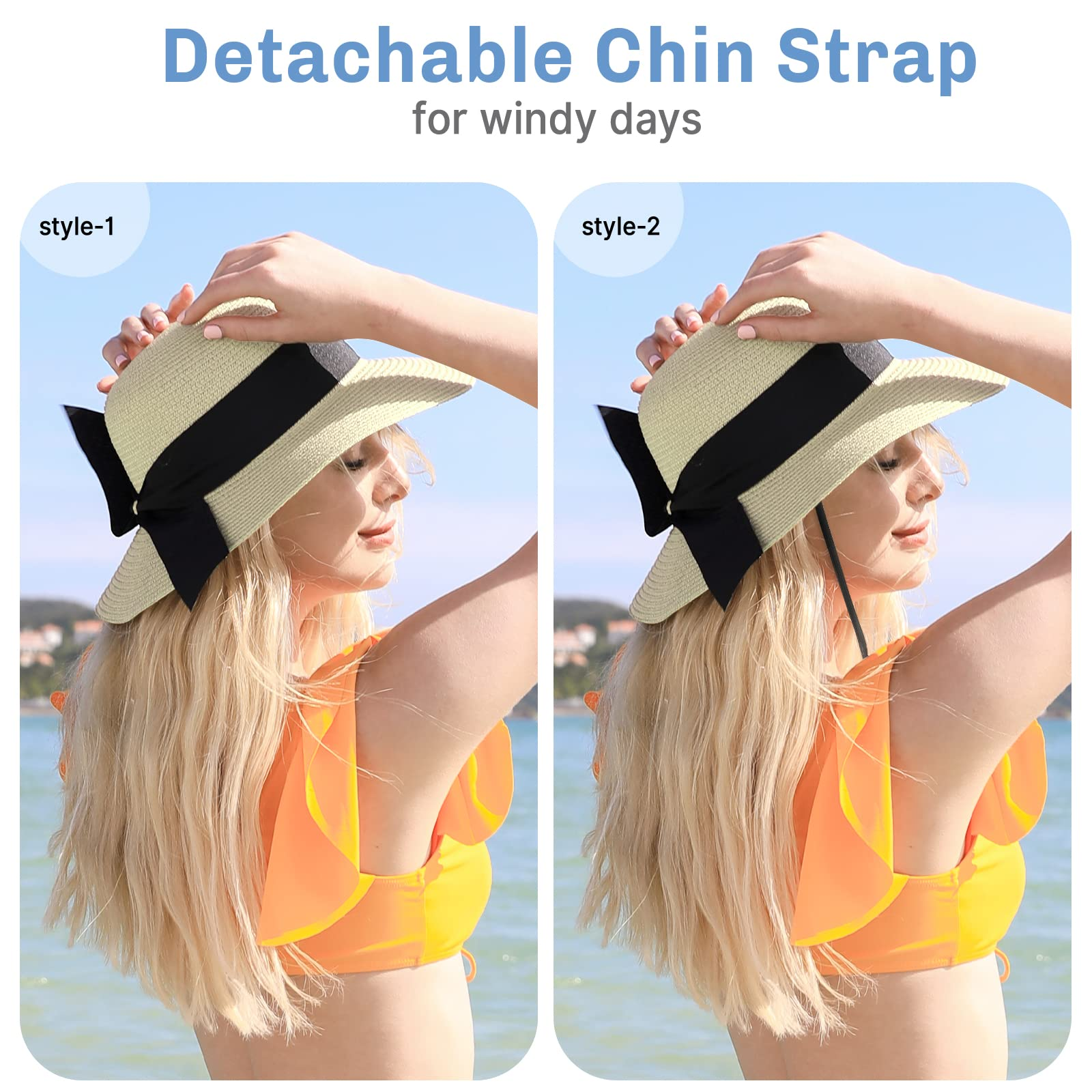 Women's Wide Brim Straw Sun Hat, UPF 50+ UV Protection, Foldable & Packable Roll Up Beach Hat