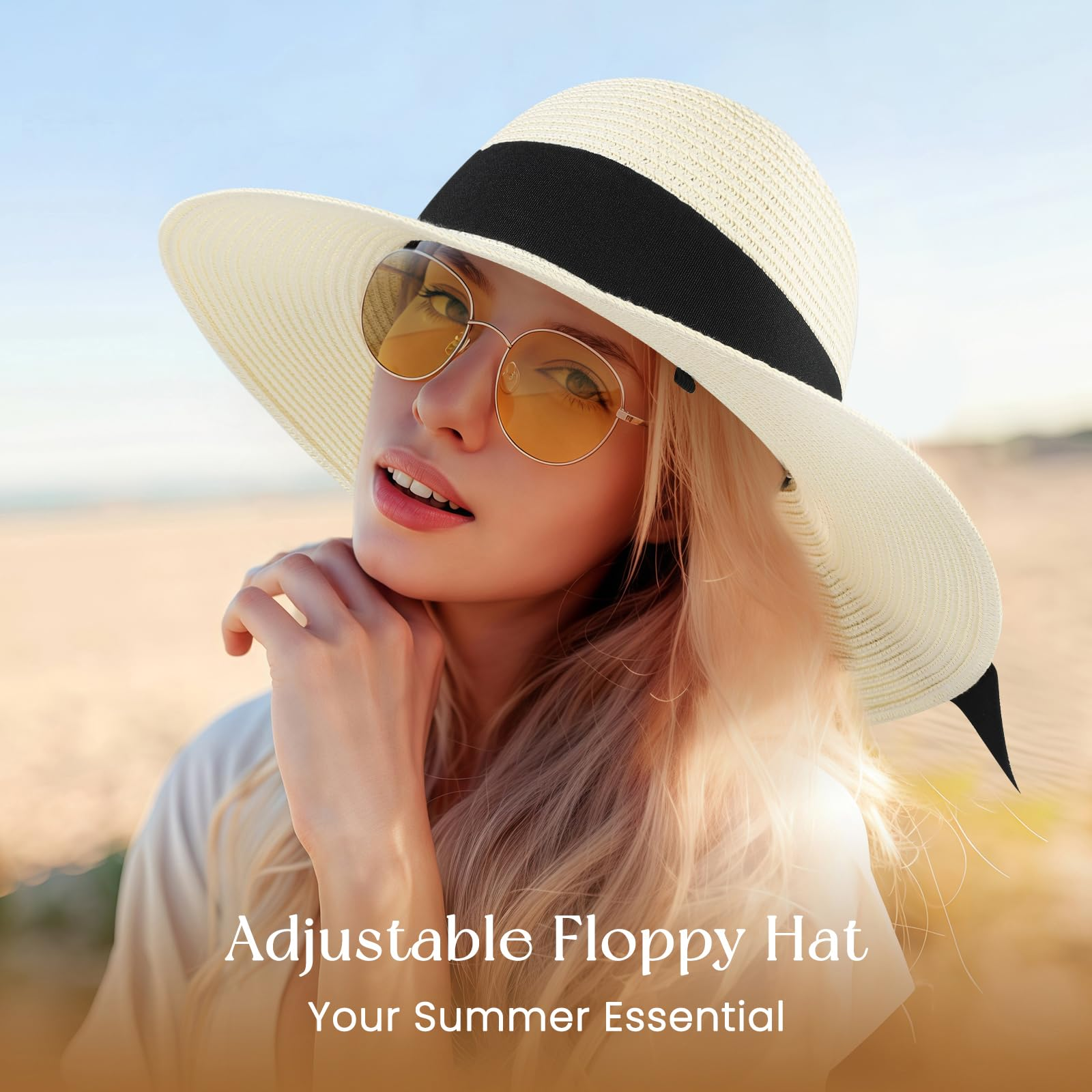 Women's Wide Brim Straw Sun Hat, UPF 50+ UV Protection, Foldable & Packable Roll Up Beach Hat