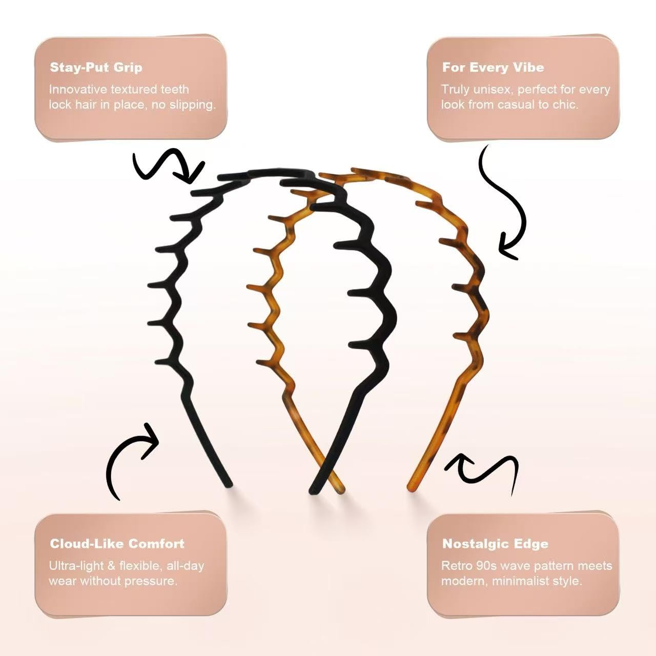 2 Pack Non-Slip Zig Zag Comb Headbands with Teeth, Plastic Hair Bands for Women, Tortoise & Black