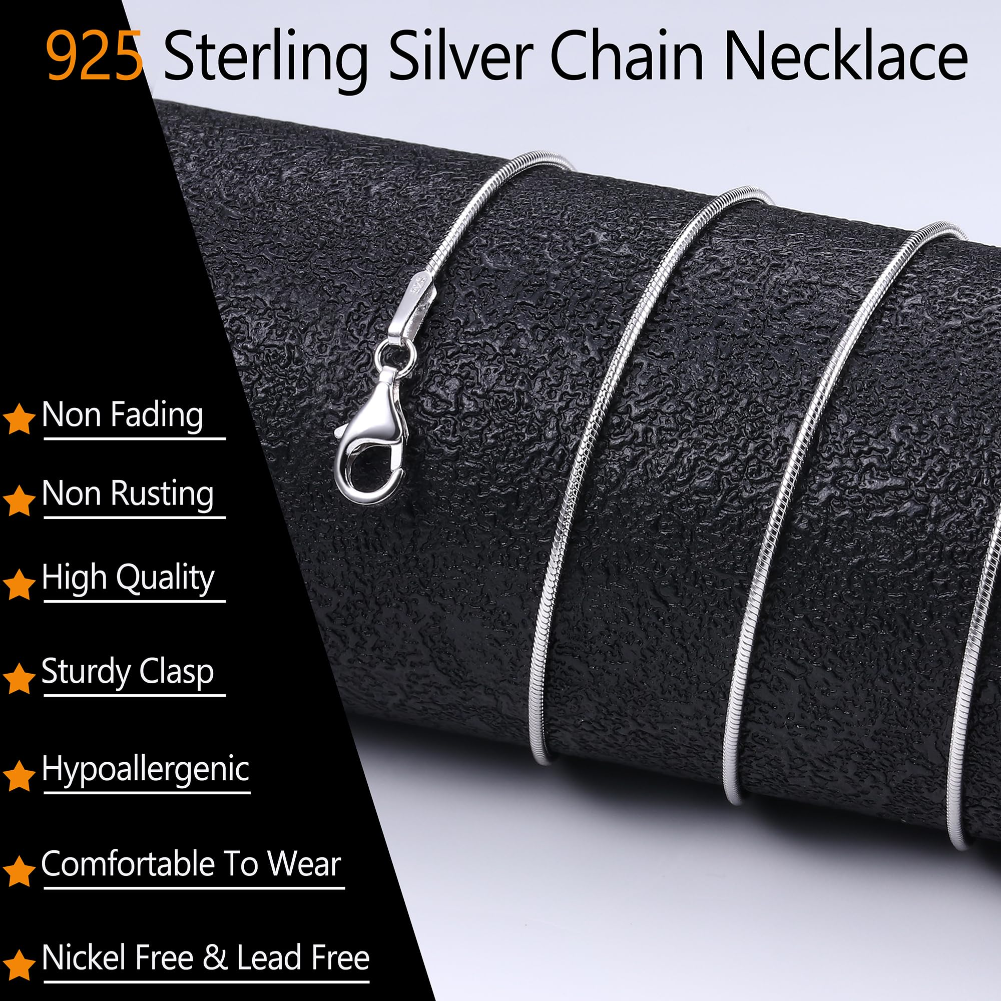 925 Sterling Silver Round Snake Chain Necklace, 1MM Rhodium Plated, Lobster Clasp, 16"-24", for Women & Men