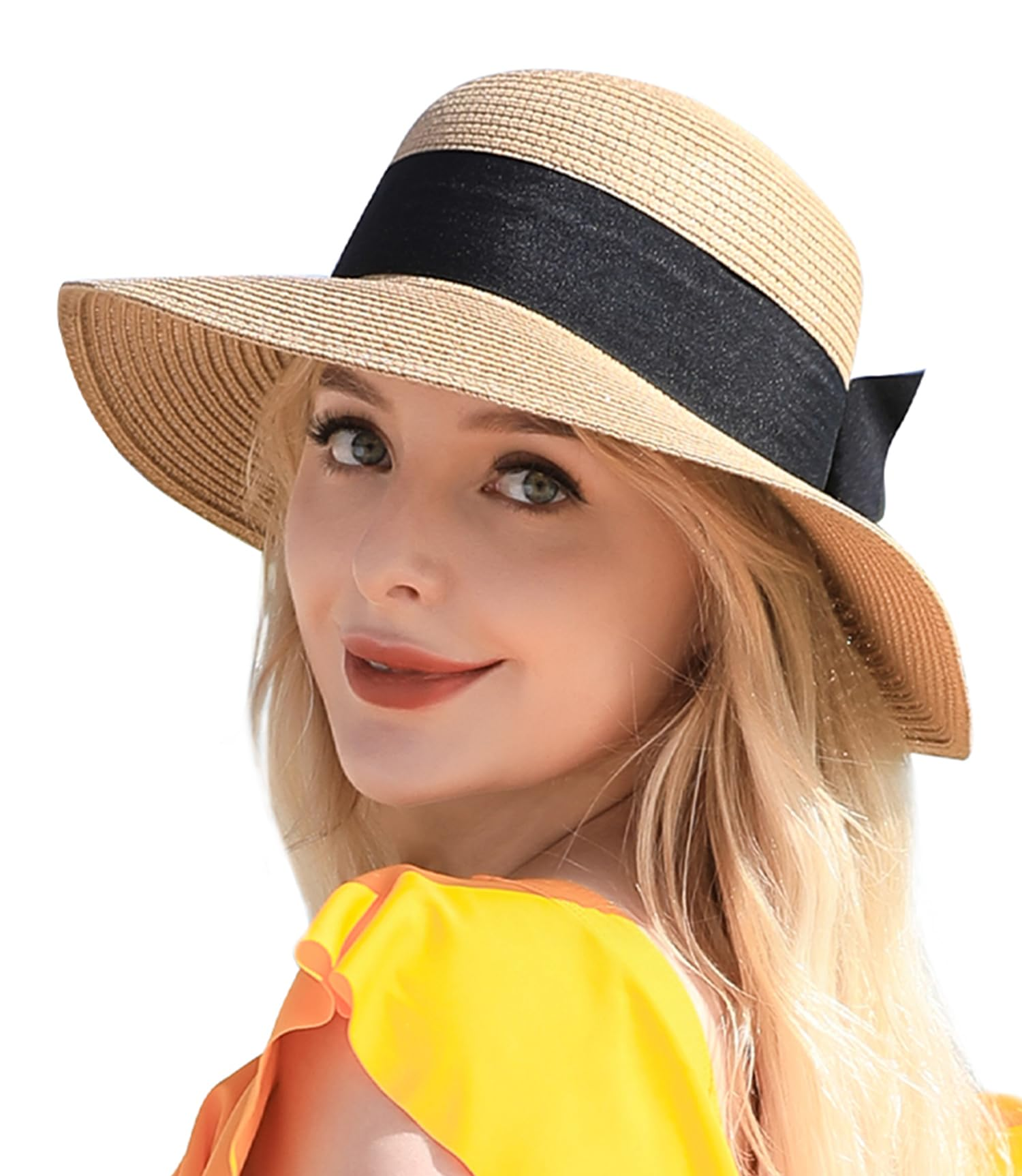 Women's Wide Brim Straw Sun Hat, UPF 50+ UV Protection, Foldable & Packable Roll Up Beach Hat