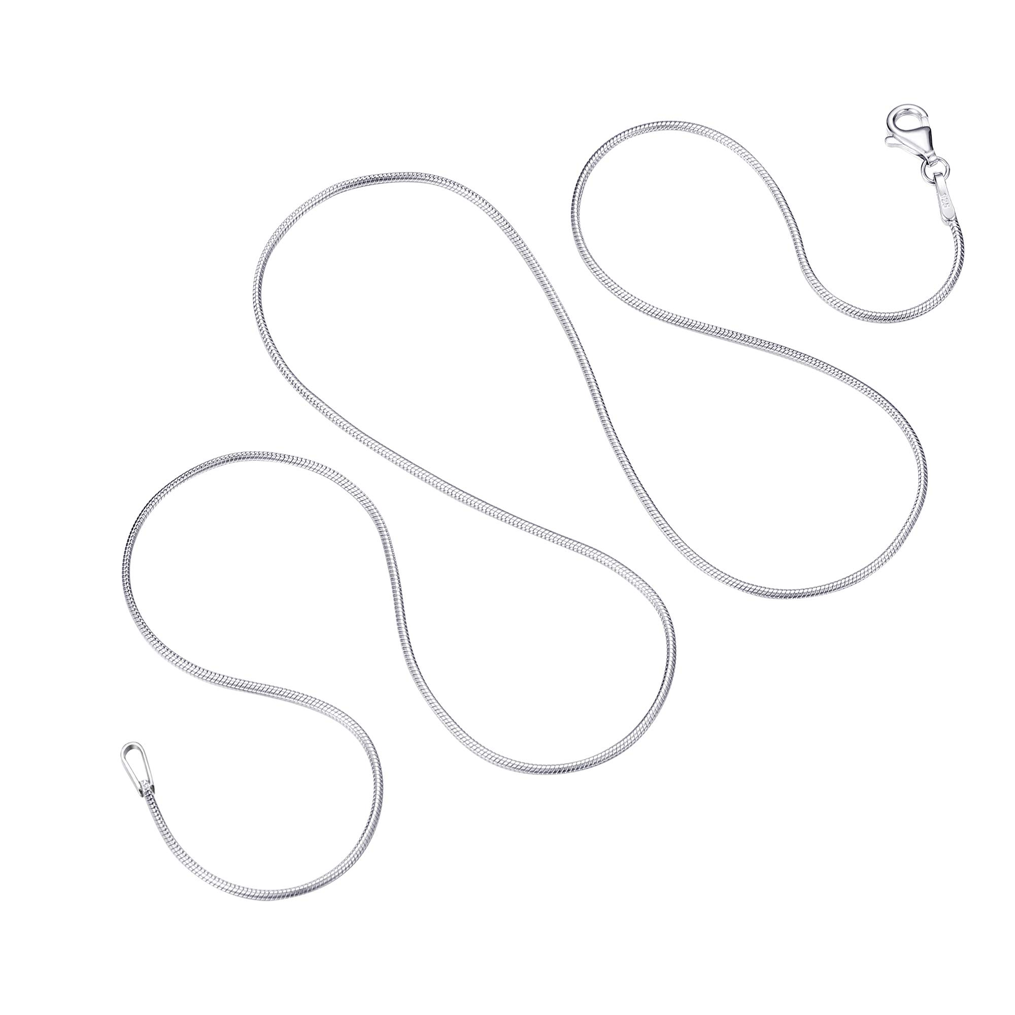 925 Sterling Silver Round Snake Chain Necklace, 1MM Rhodium Plated, Lobster Clasp, 16"-24", for Women & Men