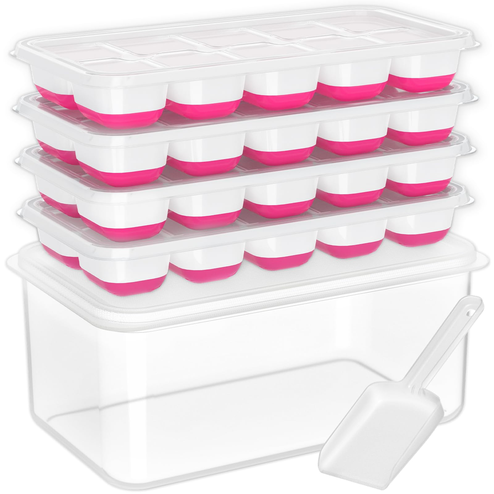 4 Pack Stackable Silicone Ice Cube Trays with Lid, Bin & Scoop for Freezer, Cocktails and Coffee