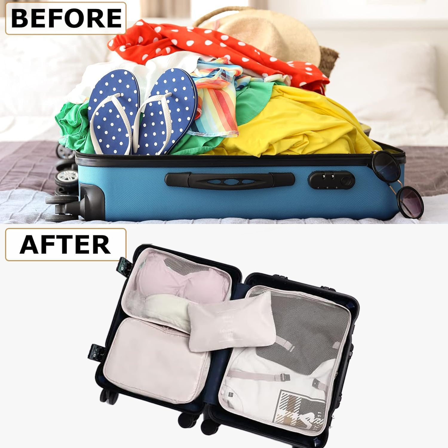 Travel Packing Cubes 6/8 Set, Luggage Storage Organizer with Shoe Toiletry Laundry Bag (Beige, 8 Set)