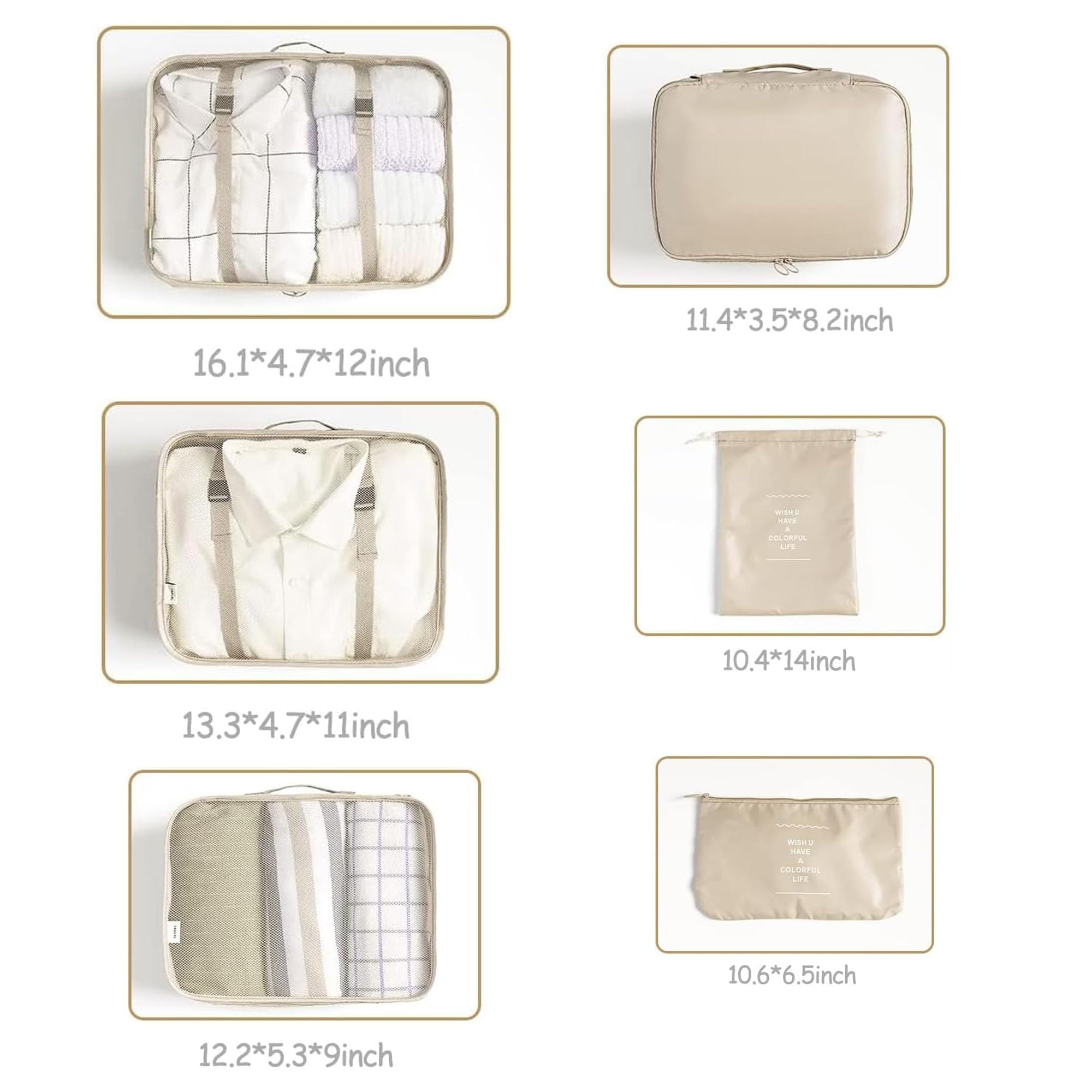 Travel Packing Cubes 6/8 Set, Luggage Storage Organizer with Shoe Toiletry Laundry Bag (Beige, 8 Set)