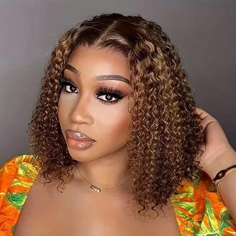 12" Deep Wave Bob Glueless Human Hair Wig, 4x4 Lace Closure Pre Plucked Pre Cut