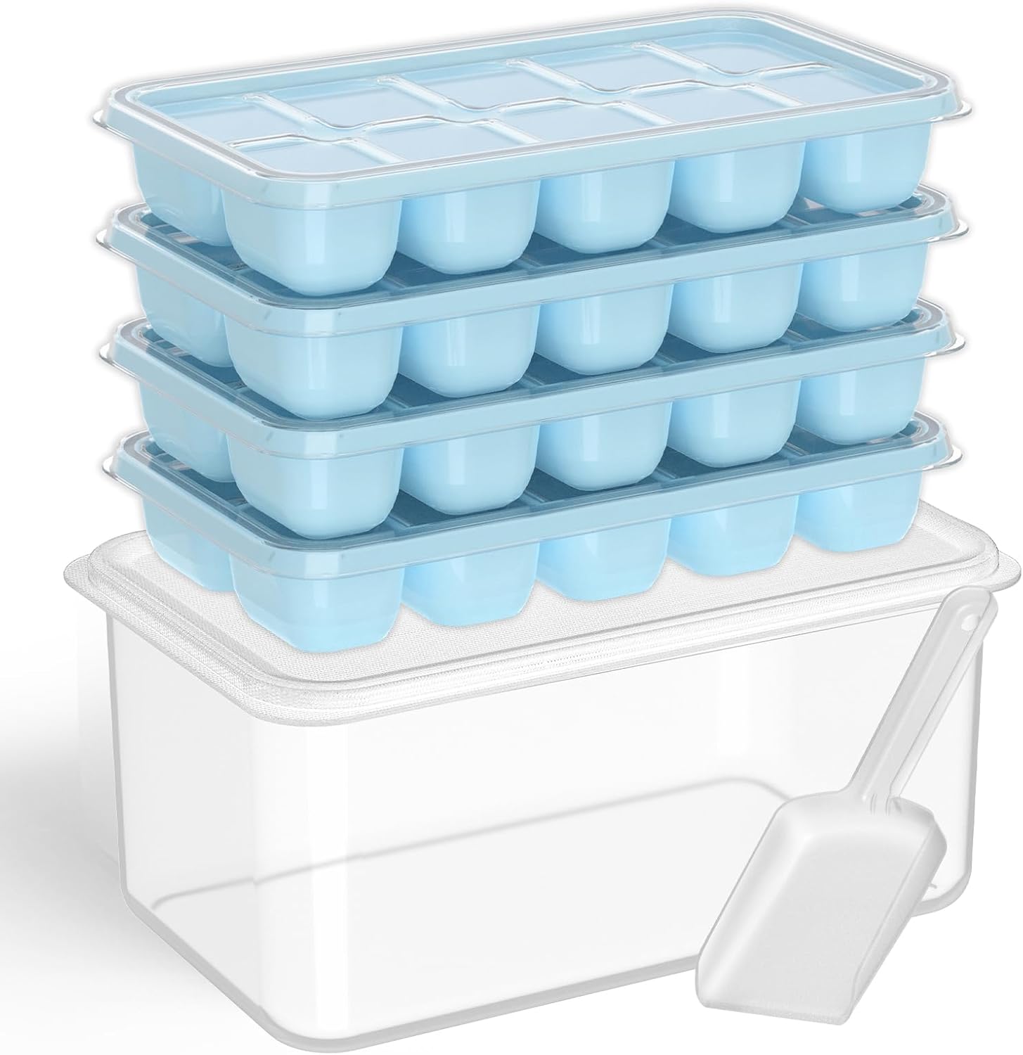 4 Pack Stackable Silicone Ice Cube Trays with Lid, Bin & Scoop for Freezer, Cocktails and Coffee