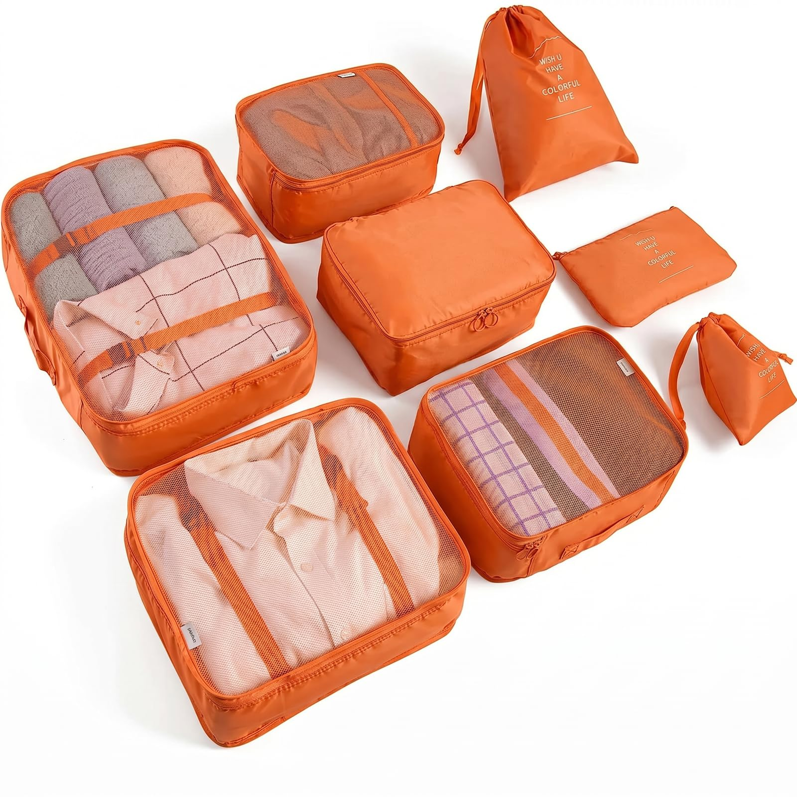 Travel Packing Cubes 6/8 Set, Luggage Storage Organizer with Shoe Toiletry Laundry Bag (Beige, 8 Set)