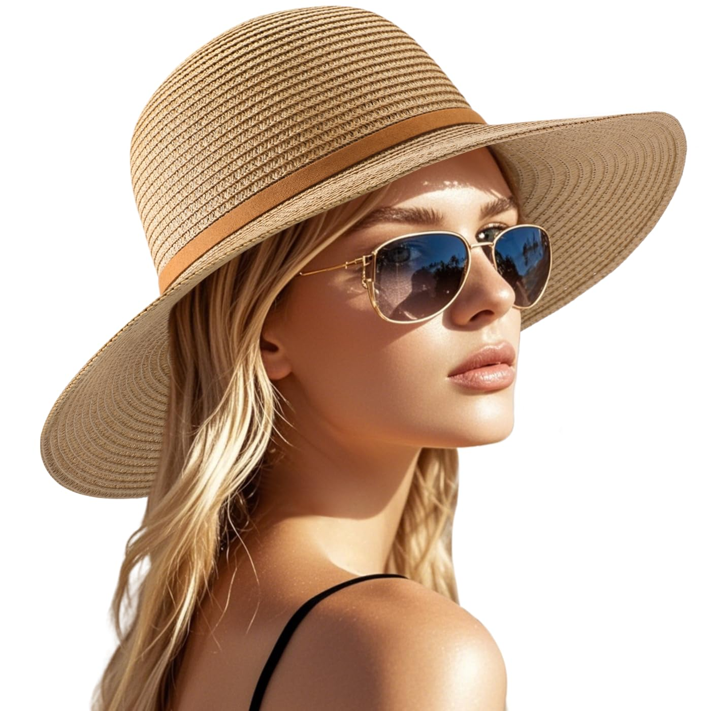 Women's Wide Brim Straw Sun Hat, UPF 50+ UV Protection, Foldable & Packable Roll Up Beach Hat